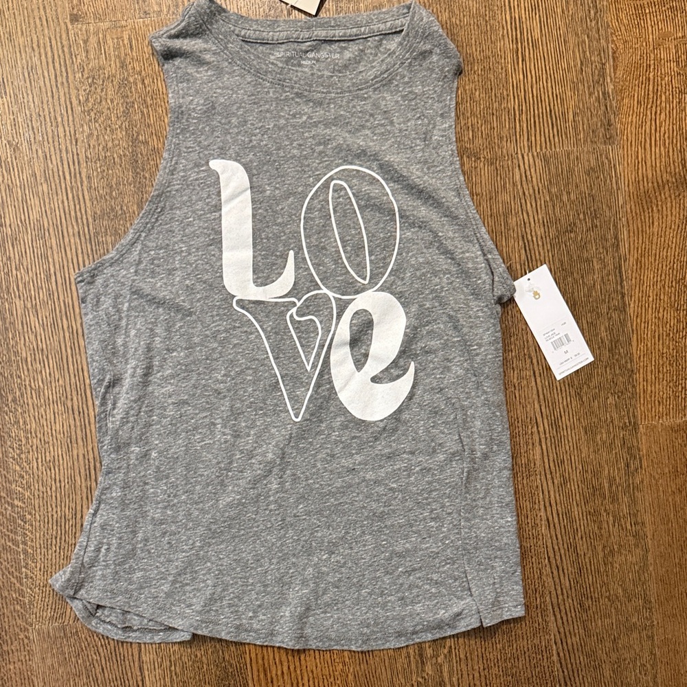 Spiritual Gangster LOVE Graphic Tank Top Gray Cotton Muscle Tee Deep Armhole NWT